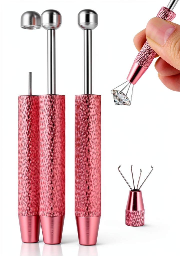 Pink Stainless Steel Piercing Ball Grabber Tools starfa lab being used on a jewelry workbench