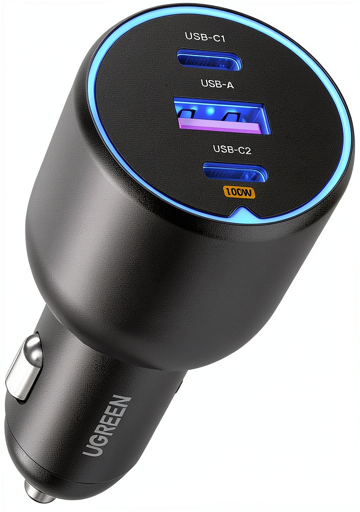 Installing Ugreen 130W Car Charger for MacBook iPhone Galaxy on a wooden desk