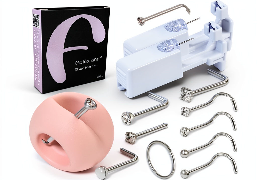 Installing Firstomato Nose Piercing Kit Stainless Steel on a wooden desk