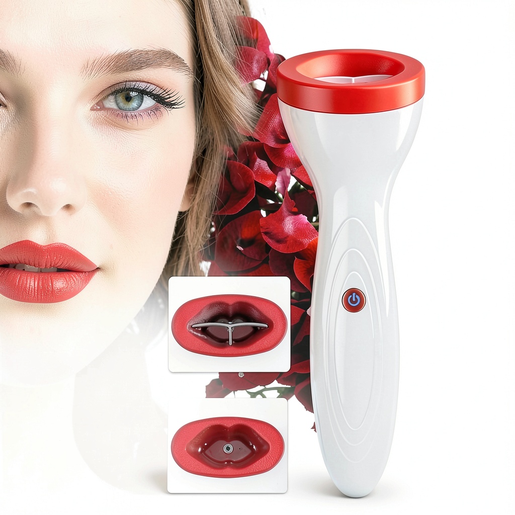 Demonstrating the lip plumping device in a vanity setting