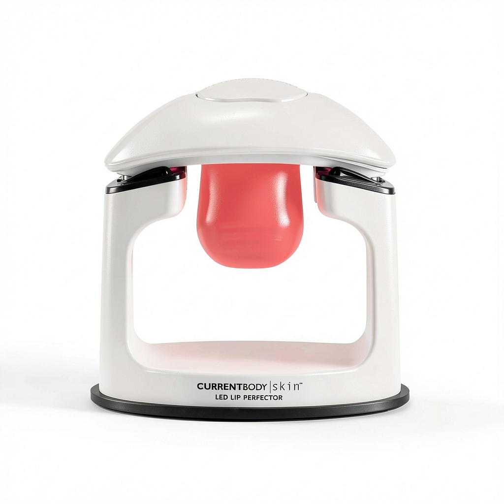 CurrentBody LED Lip Plumping Device being used on a woman's lips in a relaxed home setting