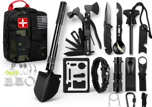 LUXMOM Gifts for Men Dad Christmas, Survival Kit and First Aid Kit, 142 Pcs Survival Gear and Equipment with Molle Pouch, Camping Essentials for Men Outdoor Adventure-0